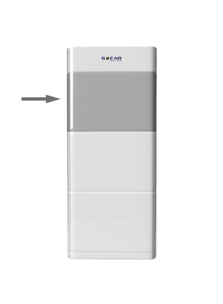 SofarSolar BTS Stromspeicher Weißer Kühlschrank mit grauer Oberseite und einer Pfeilmarkierung nach links.