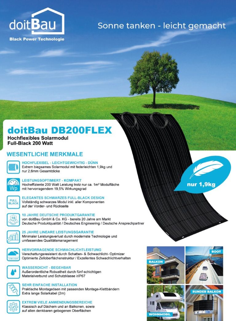 Solarmodul FLEX 200 W Rückbox Produktinformation zu dottBau DB2000FLEX, mit flexibler Anwendung und technischen Details.