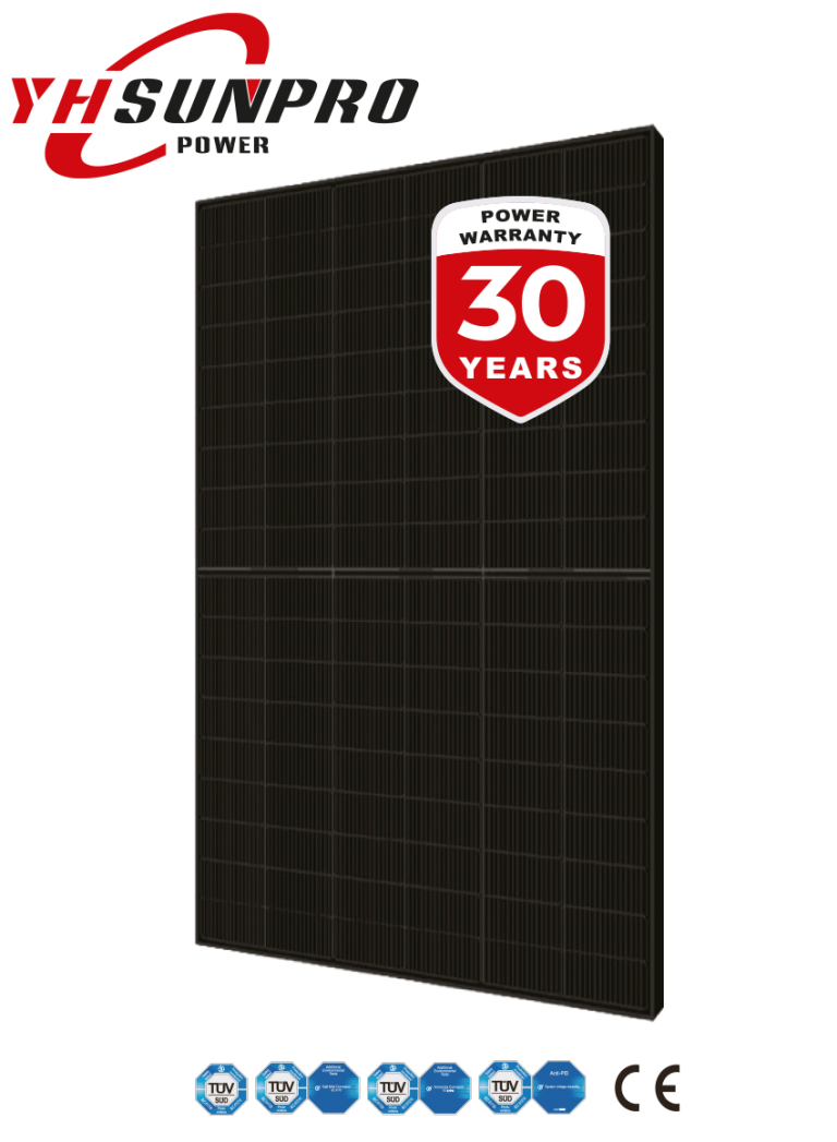 Full Black SolarSpace Solarmodul SSA-54HDB/500W Fullblack Solarpanel mit 30 Jahren Garantie, schwarzes Design, YH SUNPRO Branding.